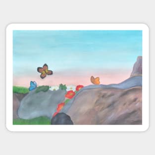 Butterflies Over Rocks With Flowers Sticker